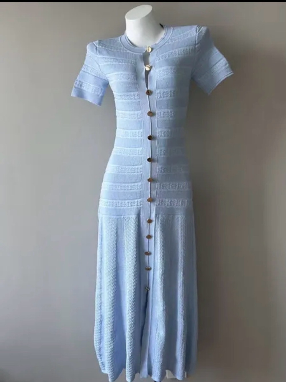 Pale Blue Knit Midi Dress with Gold Buttons